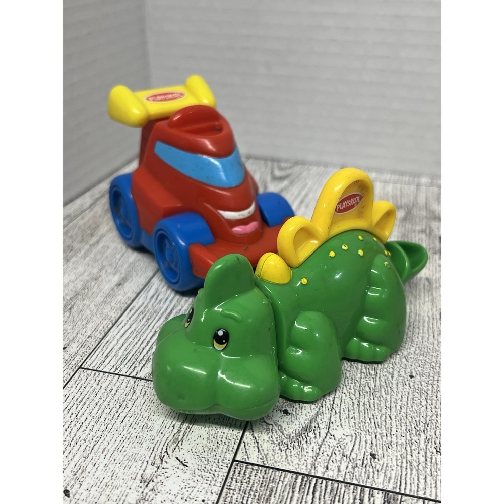 Vintage Playskool Chunky Toddler Toy Lot - Red Race Car & Green Stegosaurus
